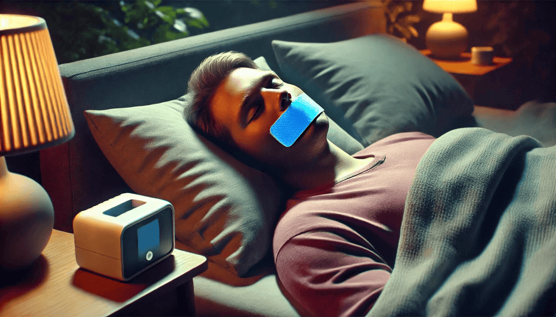 Person peacefully sleeping in bed with mouth tape applied, promoting better sleep through nasal breathing. Soft lighting and cozy bedroom atmosphere.