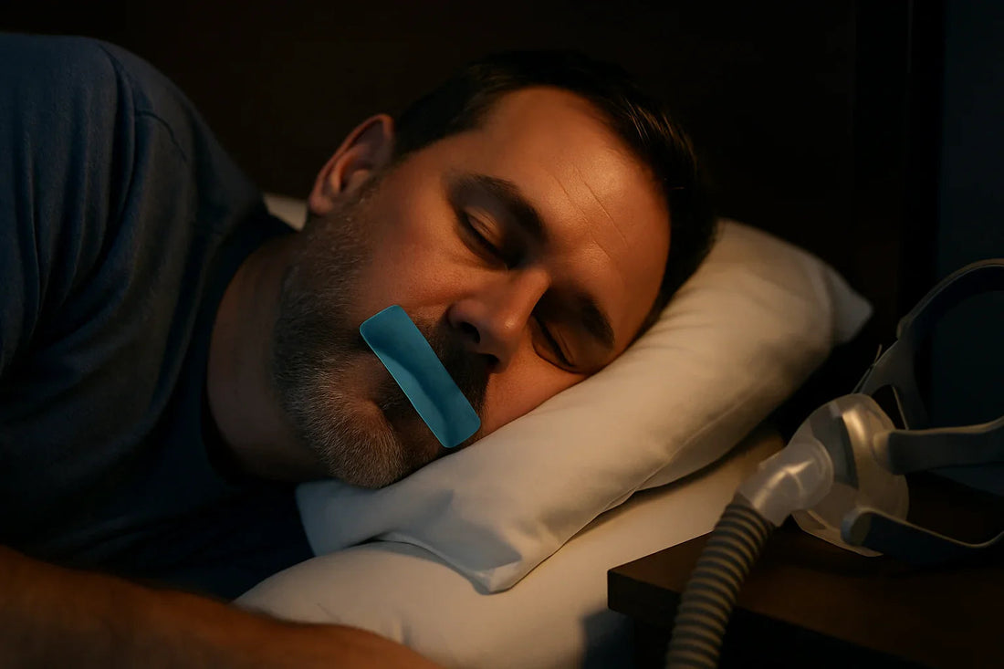 Man sleeps peacefully with mouth tape