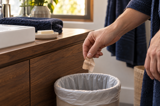 Adult discarding a used beige adhesive strip in a bathroom wastebasket.