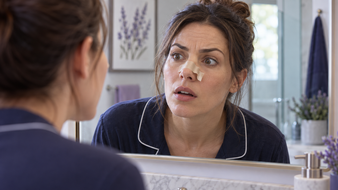 Surprised woman looking in a mirror at a skin-colored nasal strip peeling away from one side of her nose.