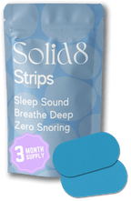 Solid8 Mouth Tape for Sleeping 90-Night Supply with resealable pouch and two blue strips. Stop snoring and improve sleep quality naturally.