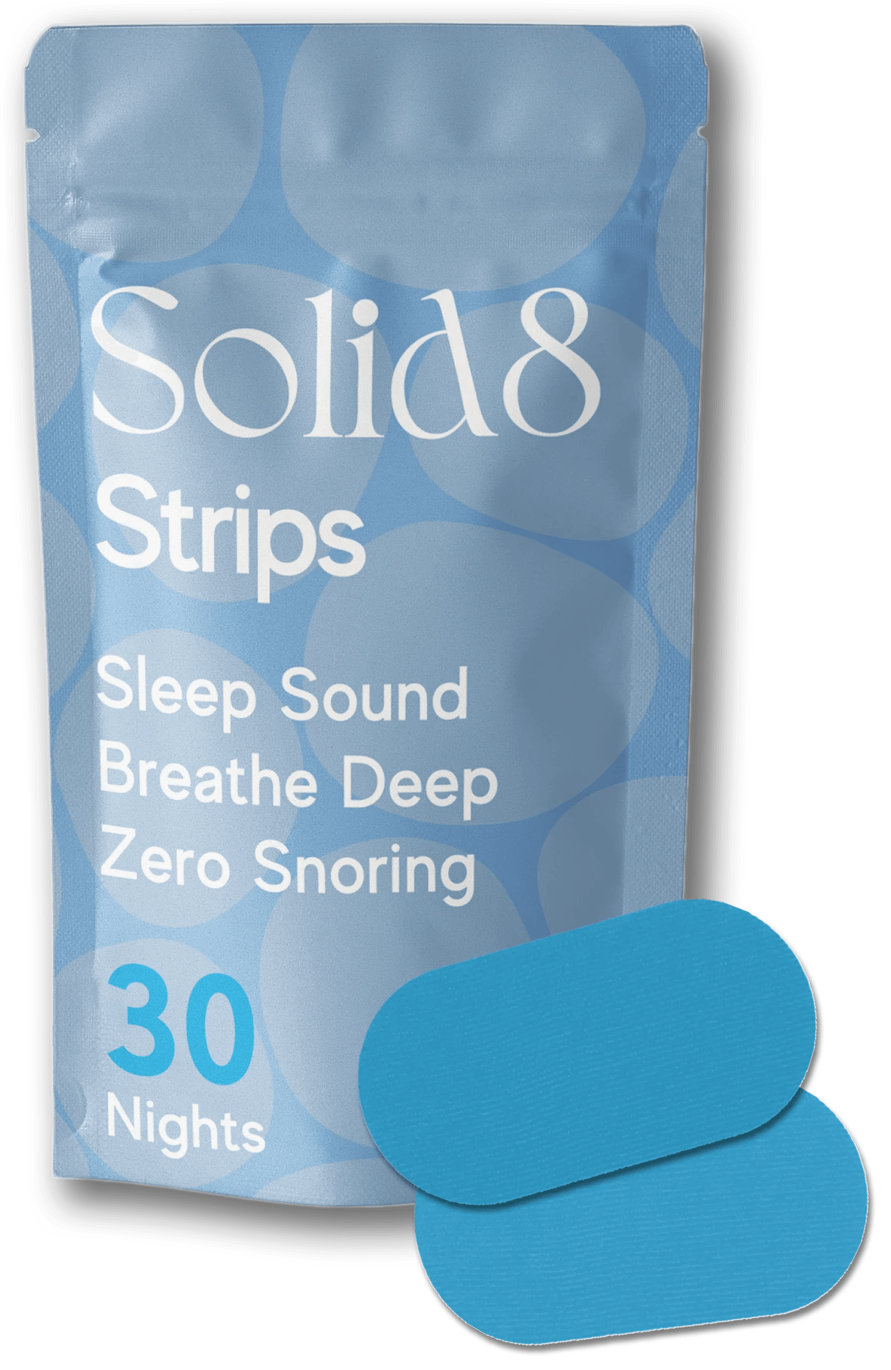 Solid8 Mouth Tape for Sleeping 30-night supply pouch with two blue strips shown. Helps stop snoring and improve sleep quality naturally.