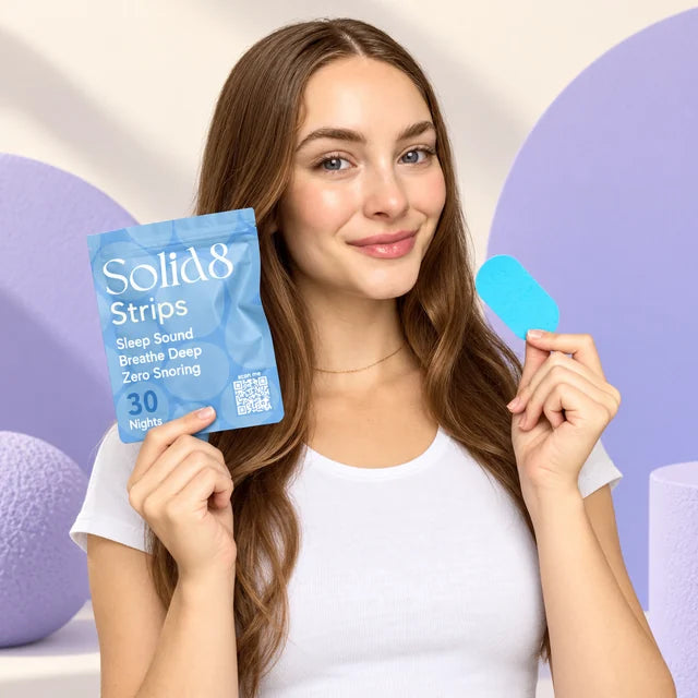Woman holding Solid8 mouth tape and its blue pouch
